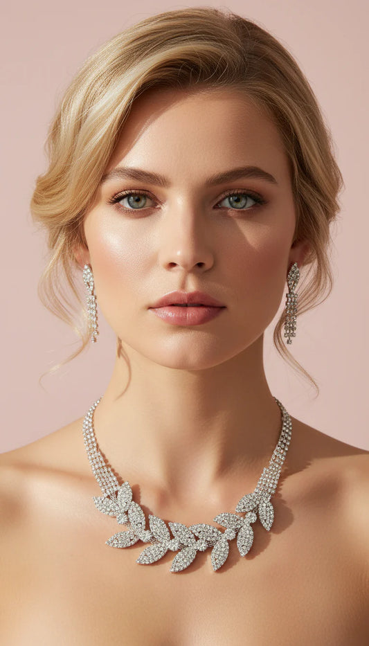 Botanical Vine Leaf Statement Crystal Statement Necklace & Earrings Set