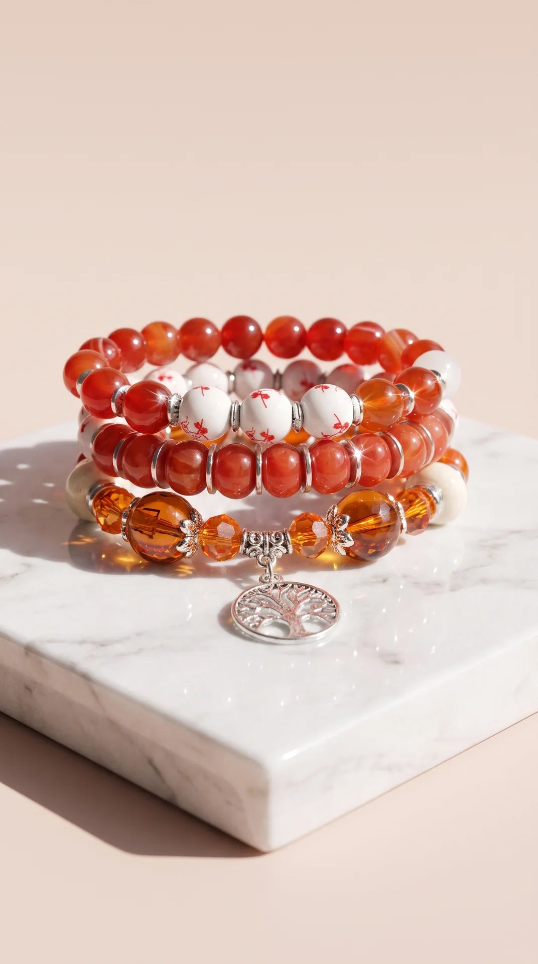 Silver Tree Of Life Beaded Bracelet Stacking Set