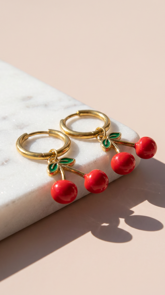 Red Cherry Huggie Hoop Gold Plated Steel Earrings