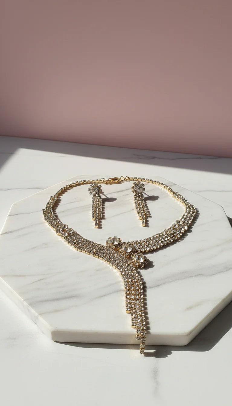 Curved Tassel Statement Crystal Necklace & Earrings Set