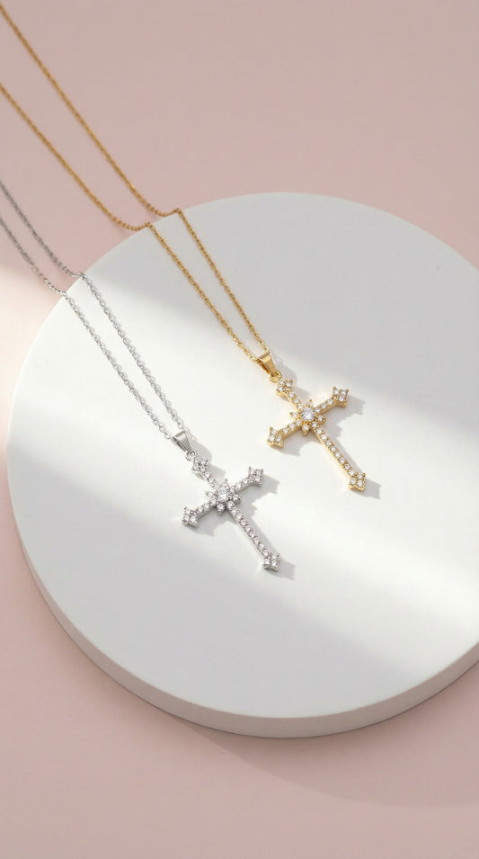 Waterproof Stainless Steel Crystal Cross Symbolic Necklace