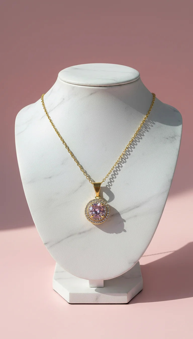 Waterproof Round Cut Pink Crystal Pendant Necklace