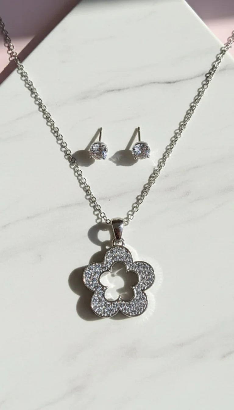 Crystal Flower Pendant Necklace & Earring Set