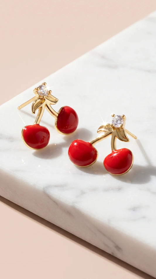 Gold Red Cherry Crystal Stud Earrings