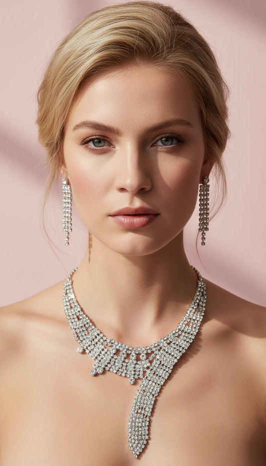 Asymmetric Crystal Statement Necklace & Earrings Set
