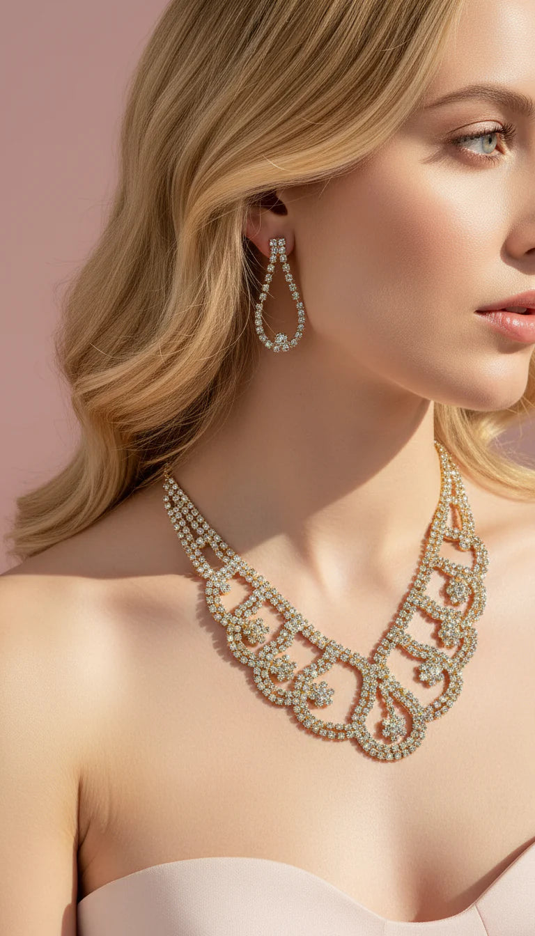 Crystal Flower Layered Statement Necklace & Earrings Set