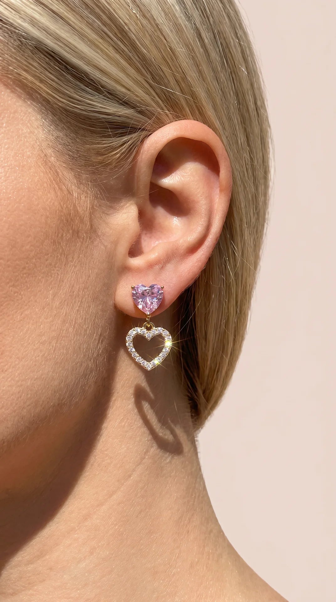 Pink Crystal Heart Gold Plated Drop & Dangle Earrings