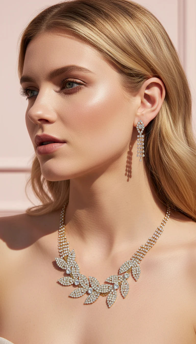 Botanical Vine Leaf Statement Crystal Statement Necklace & Earrings Set