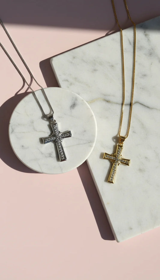 Pavé Crystal Gold Plated Cross Stainless Steel Necklace