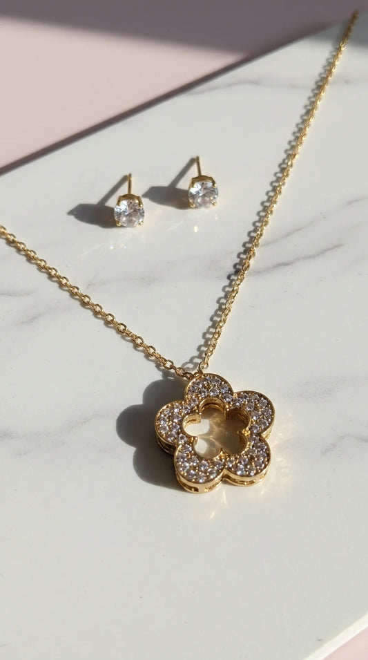 Crystal Flower Pendant Necklace & Earring Set