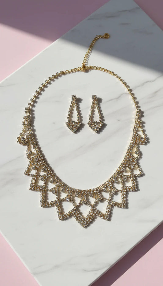 Geometric Lattice Crystal Statement Necklace & Earrings Set