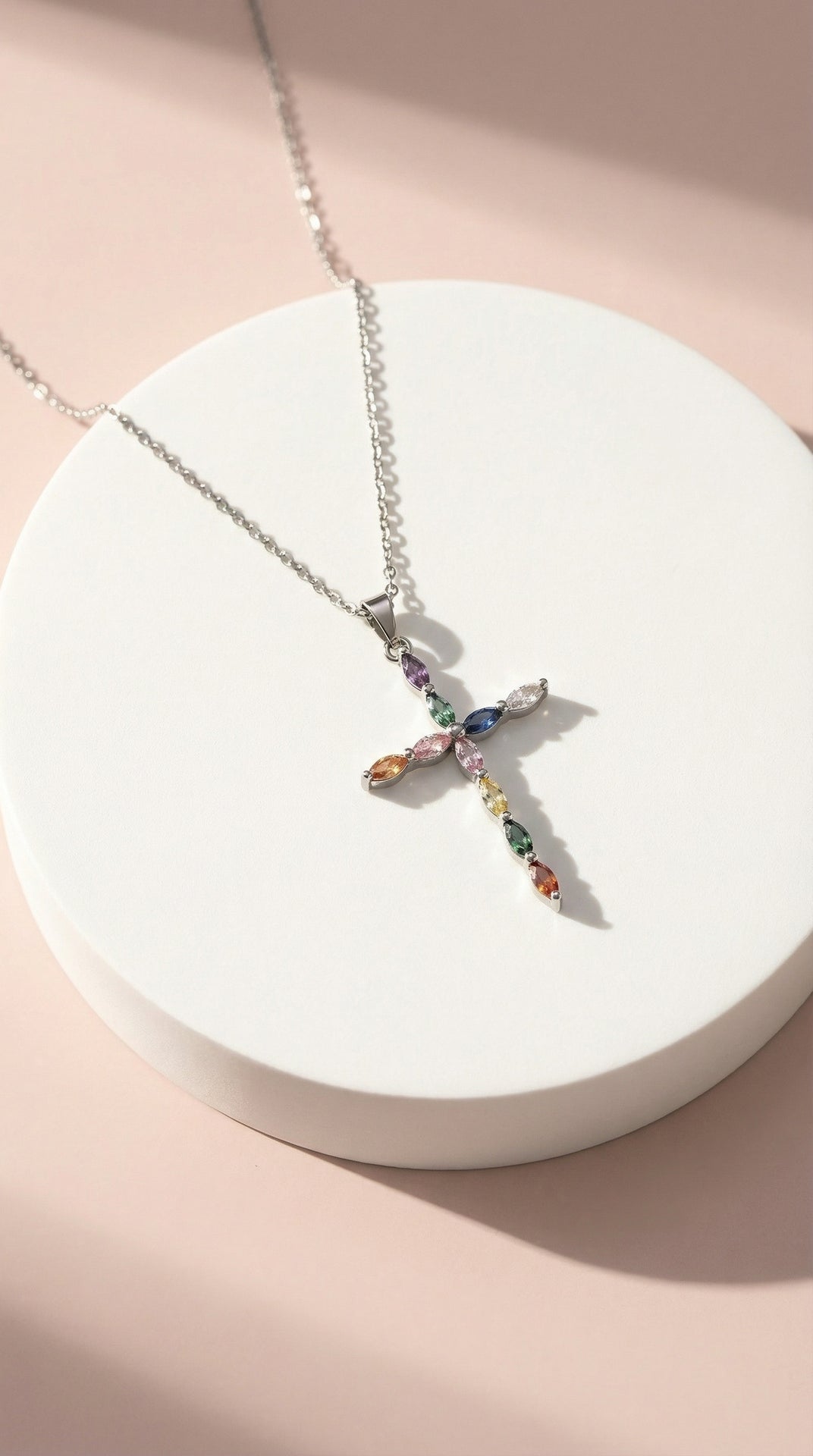 Waterproof Rainbow Oval Crystal Cross Stainless Steel Necklace