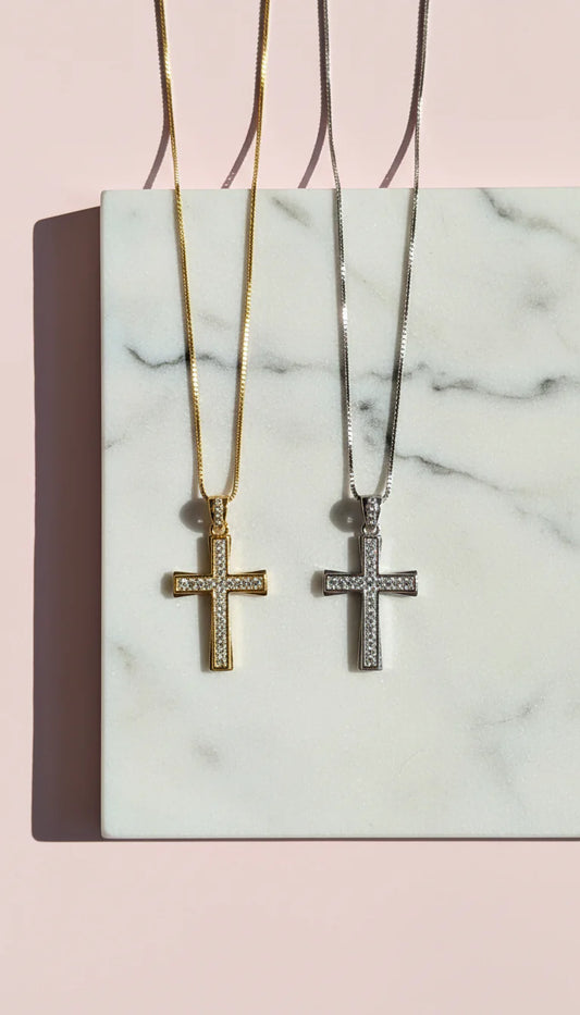 Inlaid Crystal Gold Plated Cross Stainless Steel Necklace