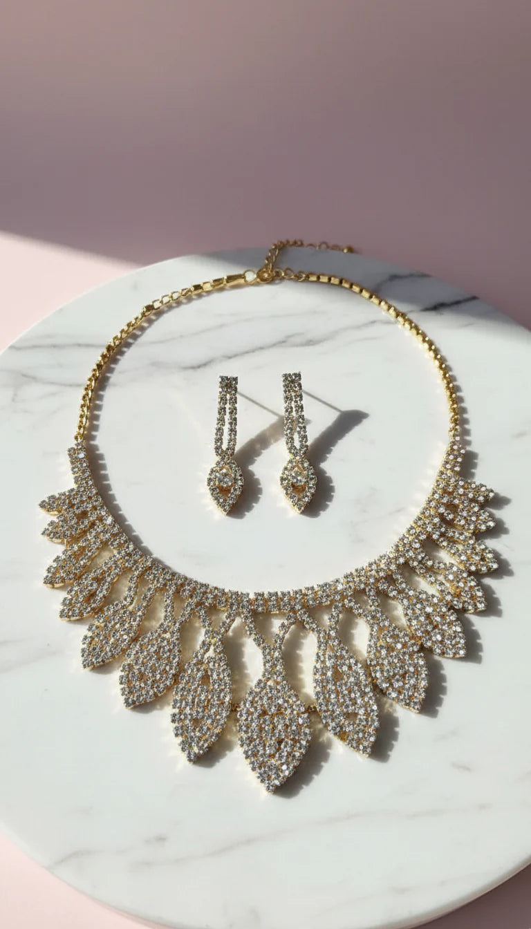 Teardrop Fringed Crystal Statement Necklace & Earrings Set