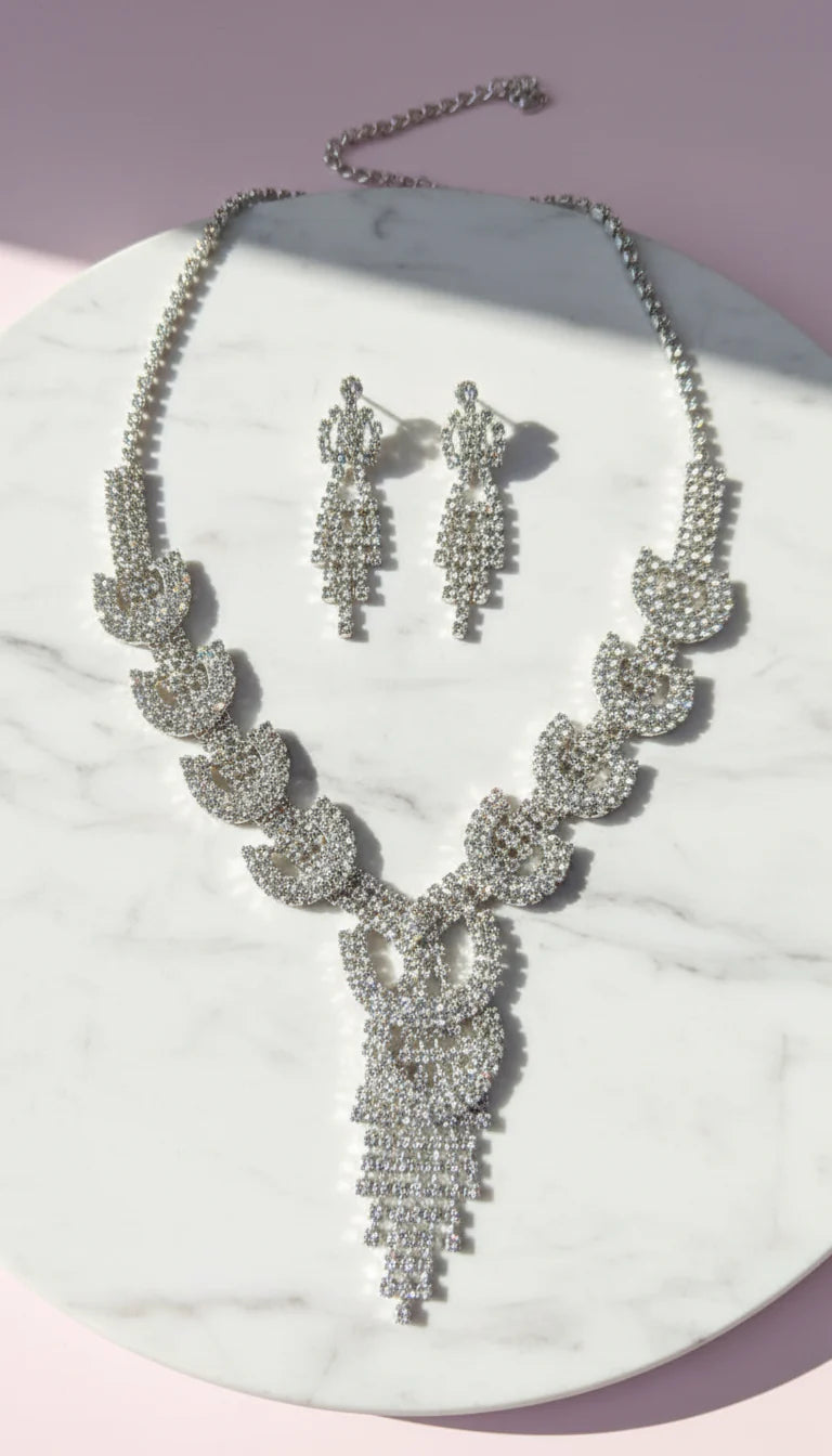 Linked Cluster Crystal Statement Necklace & Earrings Set