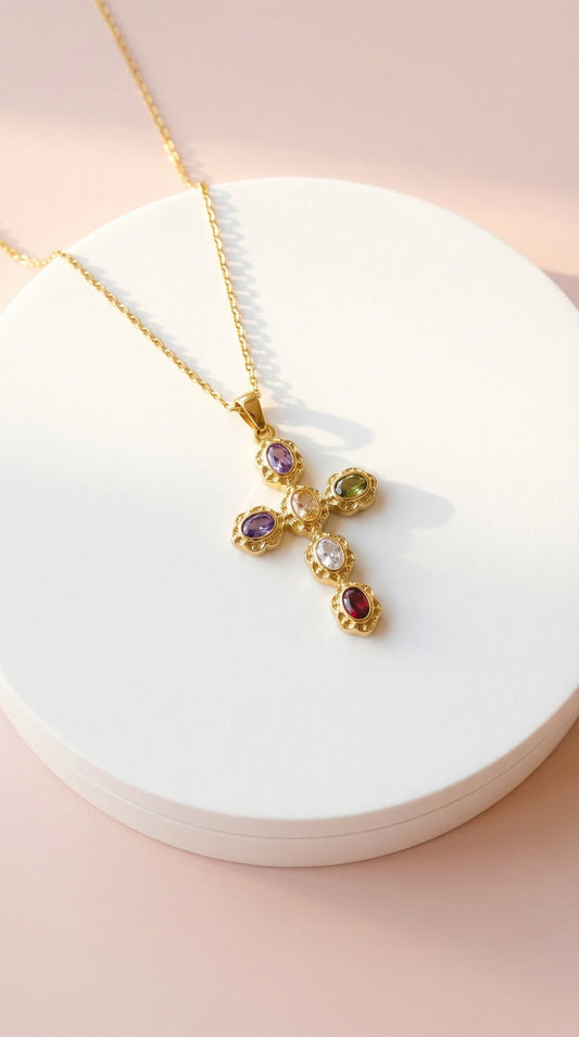 Waterproof Rainbow Crystal Gold Cross Stainless Steel Necklace