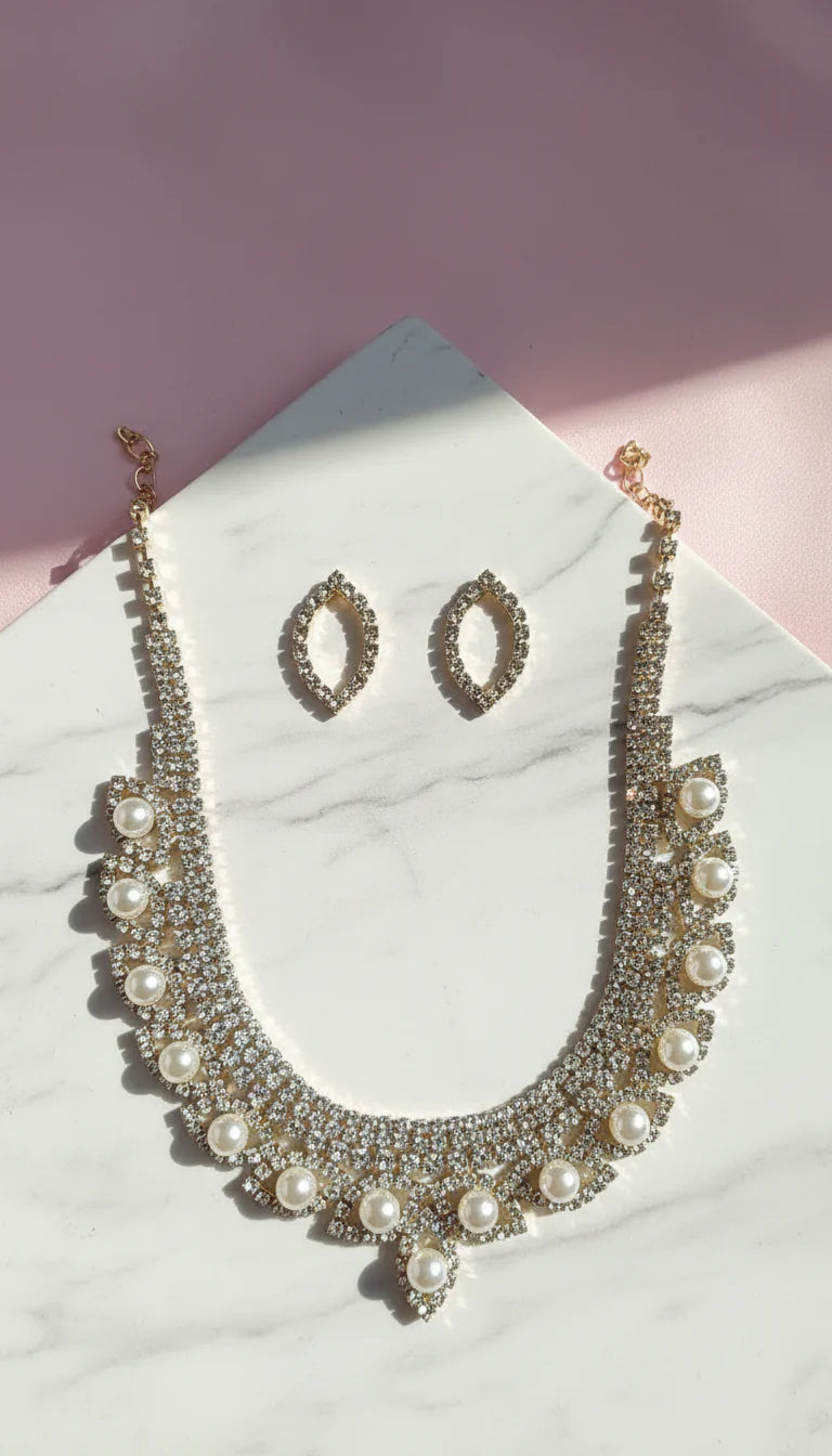 Pearl Statement Crystal Necklace & Earrings Set