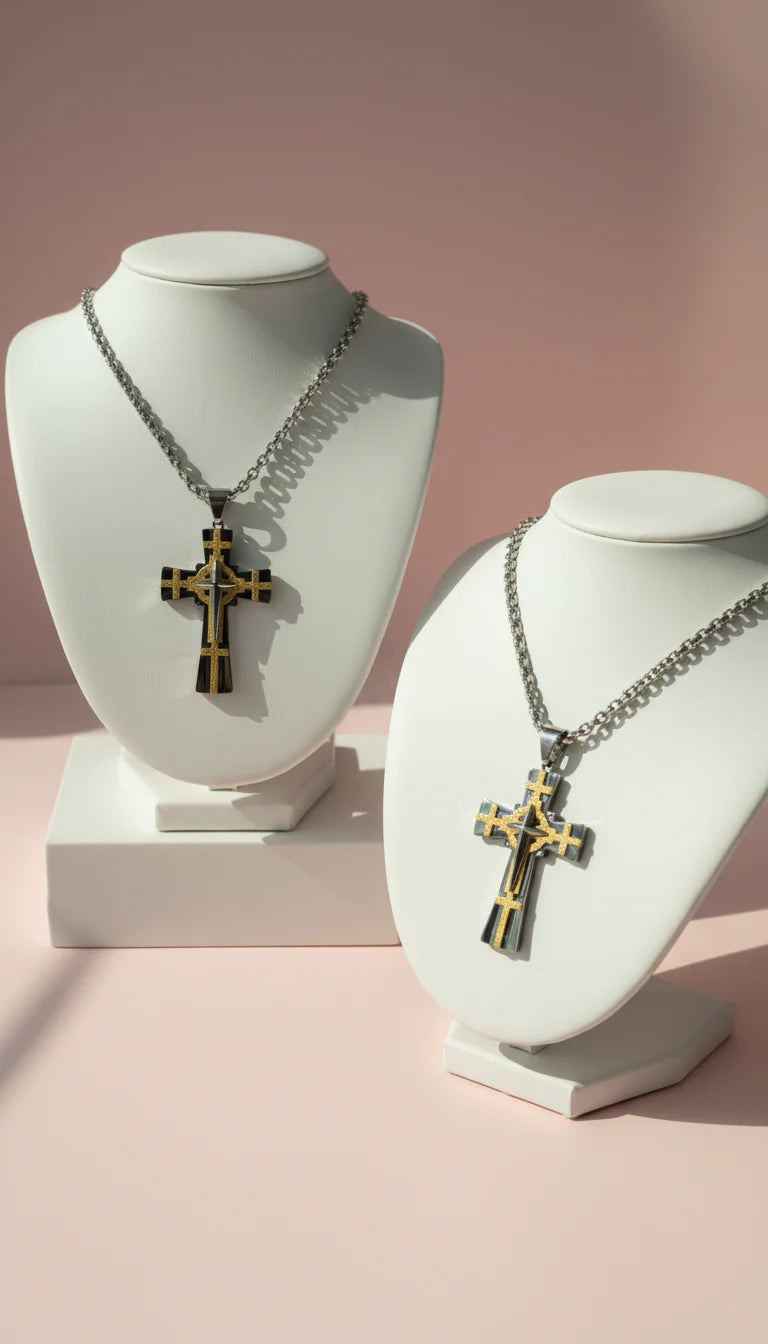Waterproof Two Tone Textured Stainless Steel Cross Necklace