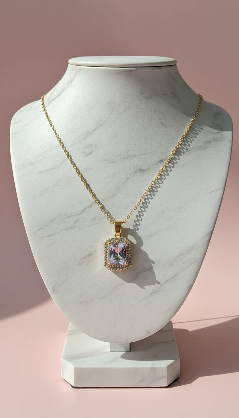 Waterproof Baguette Cut Crystal Pendant Necklace