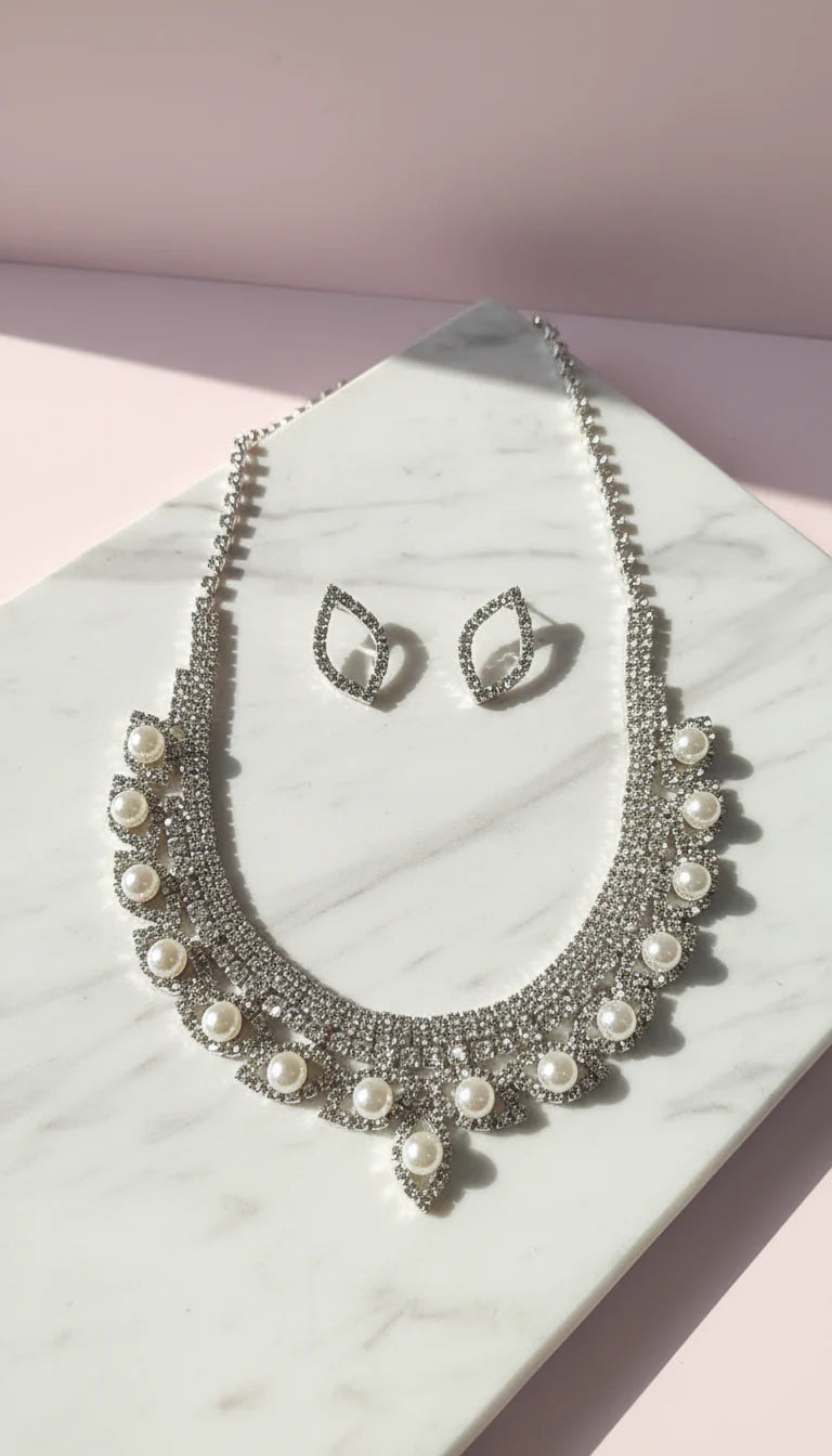 Pearl Statement Crystal Necklace & Earrings Set