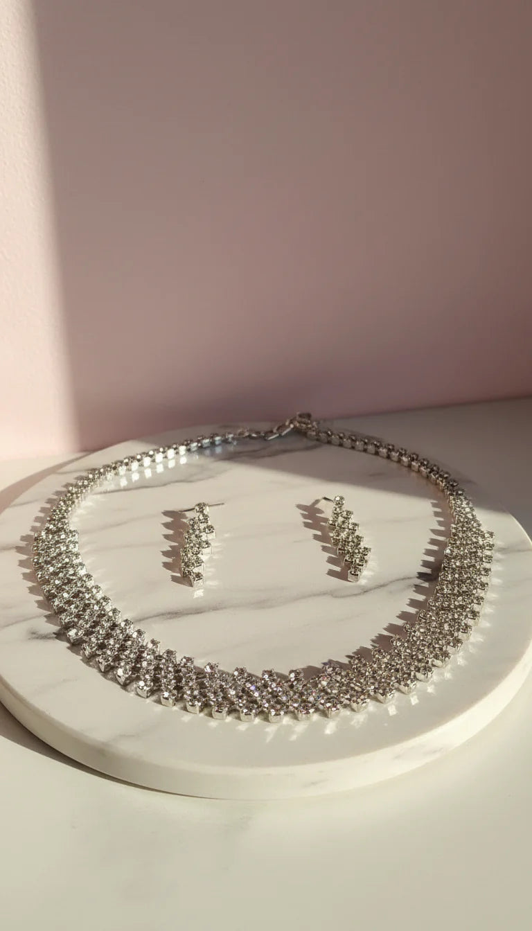 Curved Statement Crystal Necklace & Earrings Set