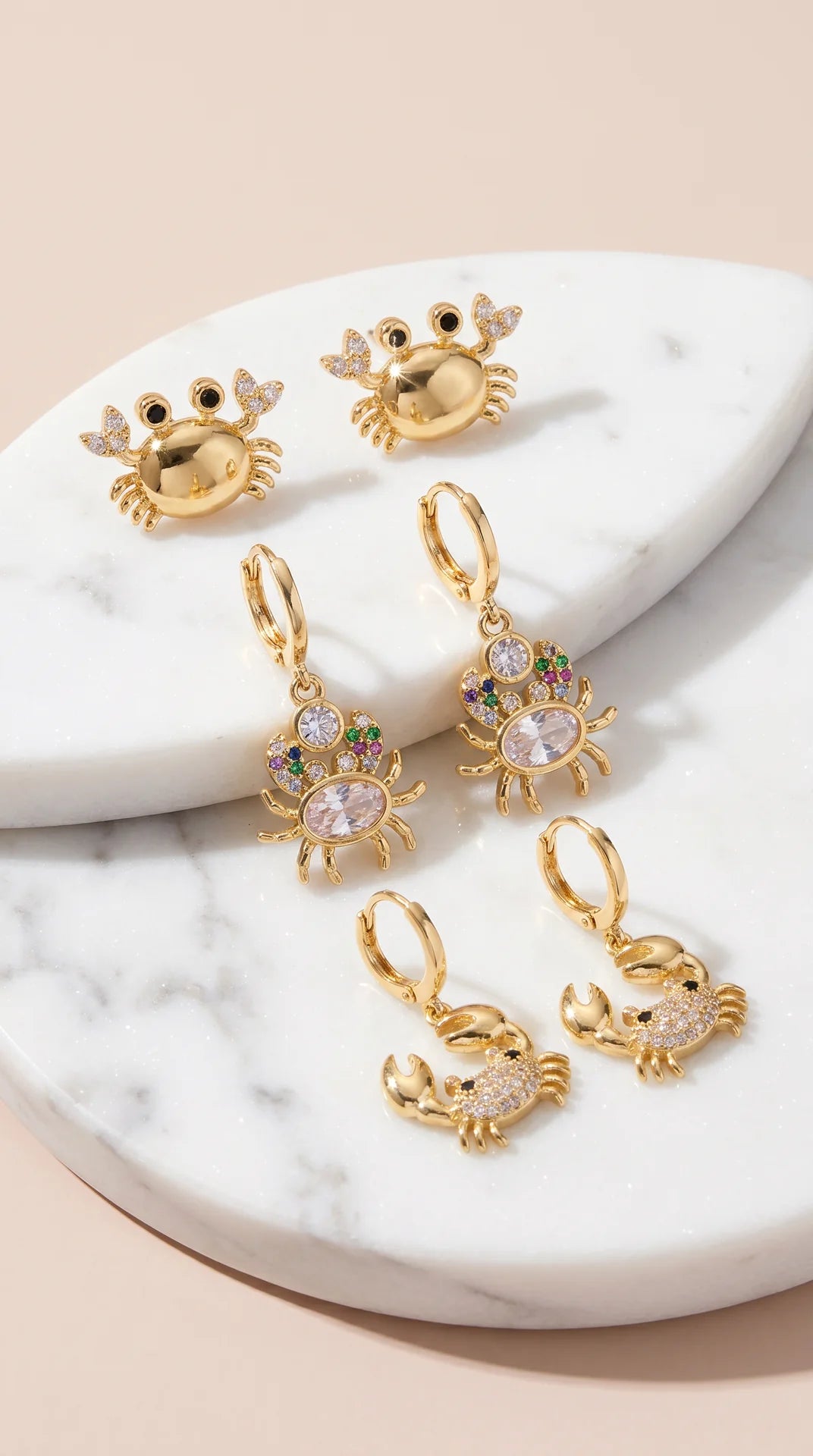 6 Pieces Crystal Crab Gold Plated Huggie Hoop Drop & Dangle Earrings