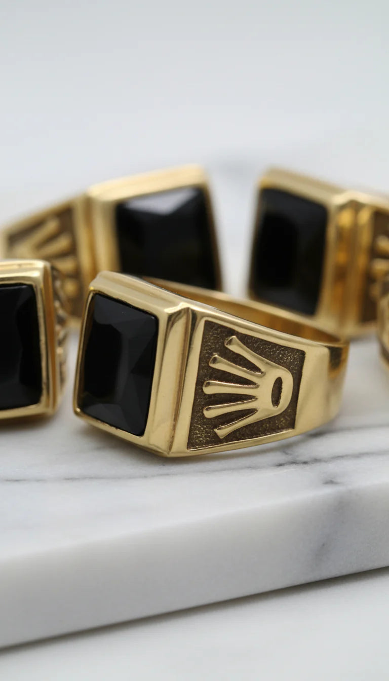 Men’s Stainless Steel Crown Ring with Black Stone
