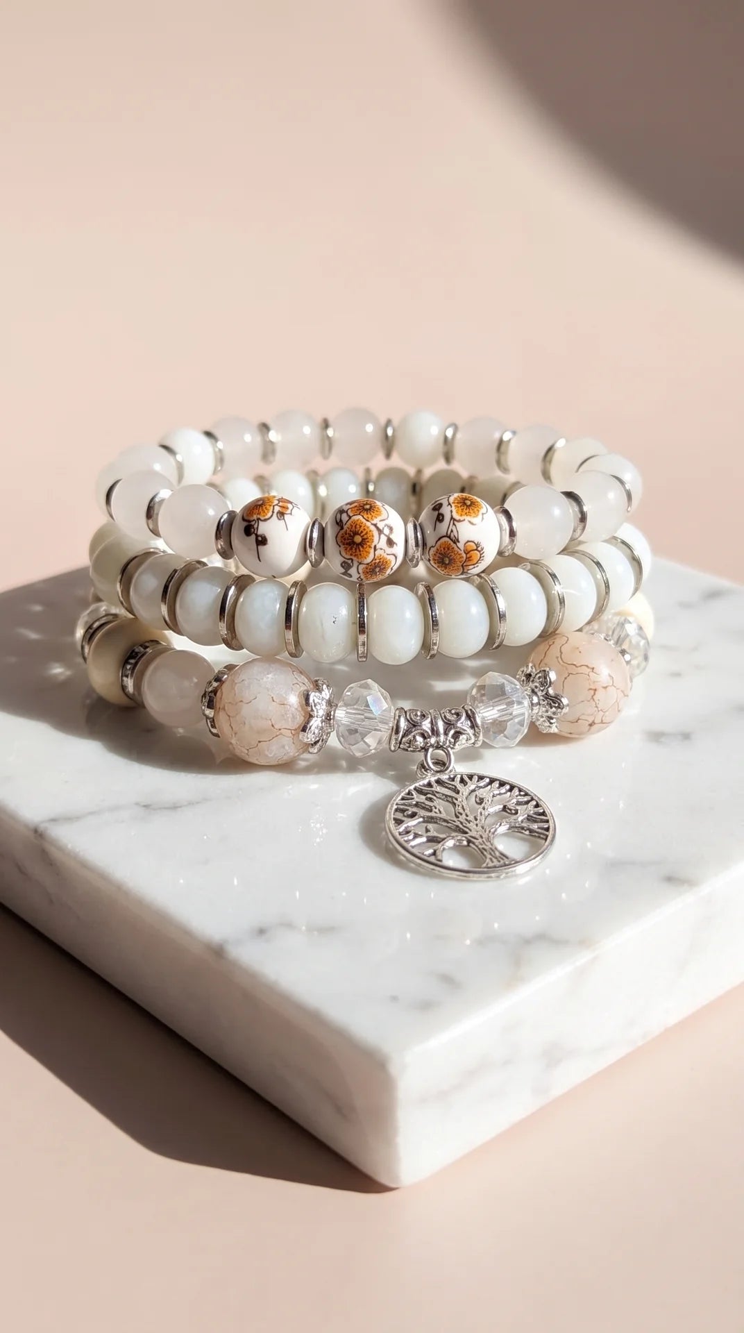Silver Tree Of Life Beaded Bracelet Stacking Set