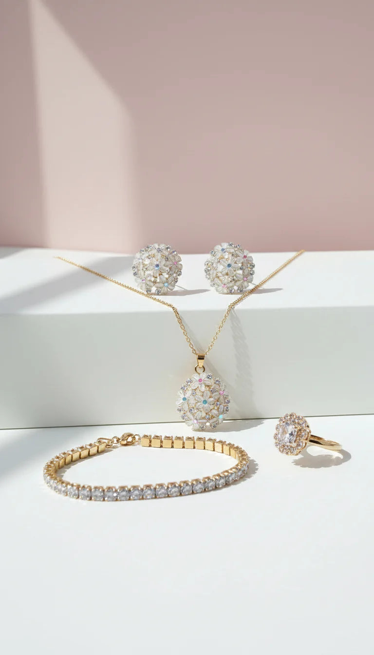 Cluster Crystal Necklace, Bracelet, Earrings & Ring Set With Gift Box
