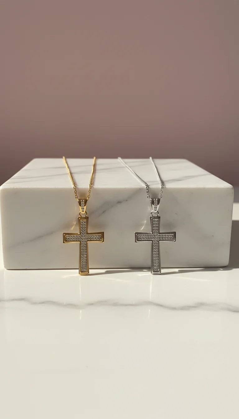 Waterproof Stainless Steel Oblong Crystal Cross Necklace
