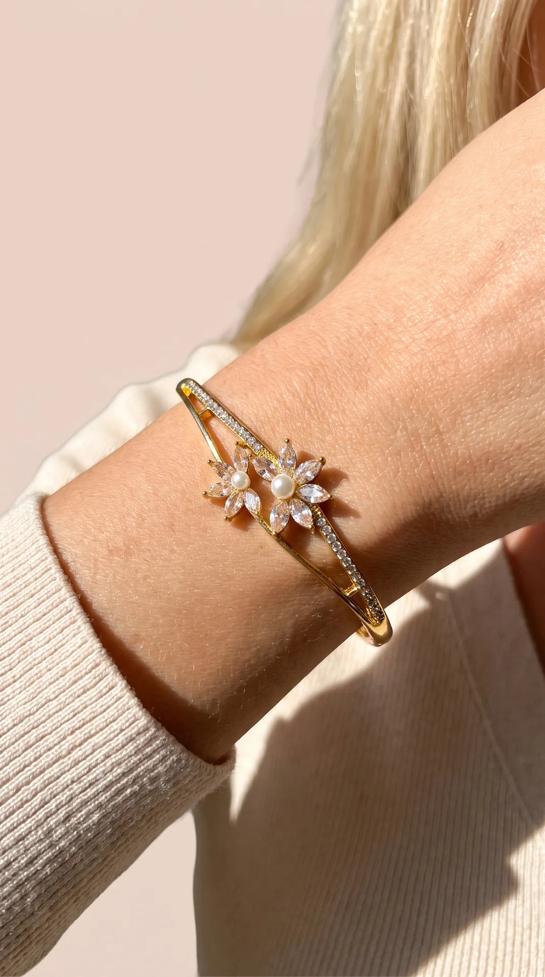 Flower & Pearl Gold Plated Crystal Bangle