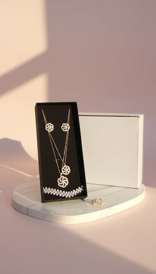 Layered Crystal Necklace, Bracelet, Earrings & Ring Set With Gift Box