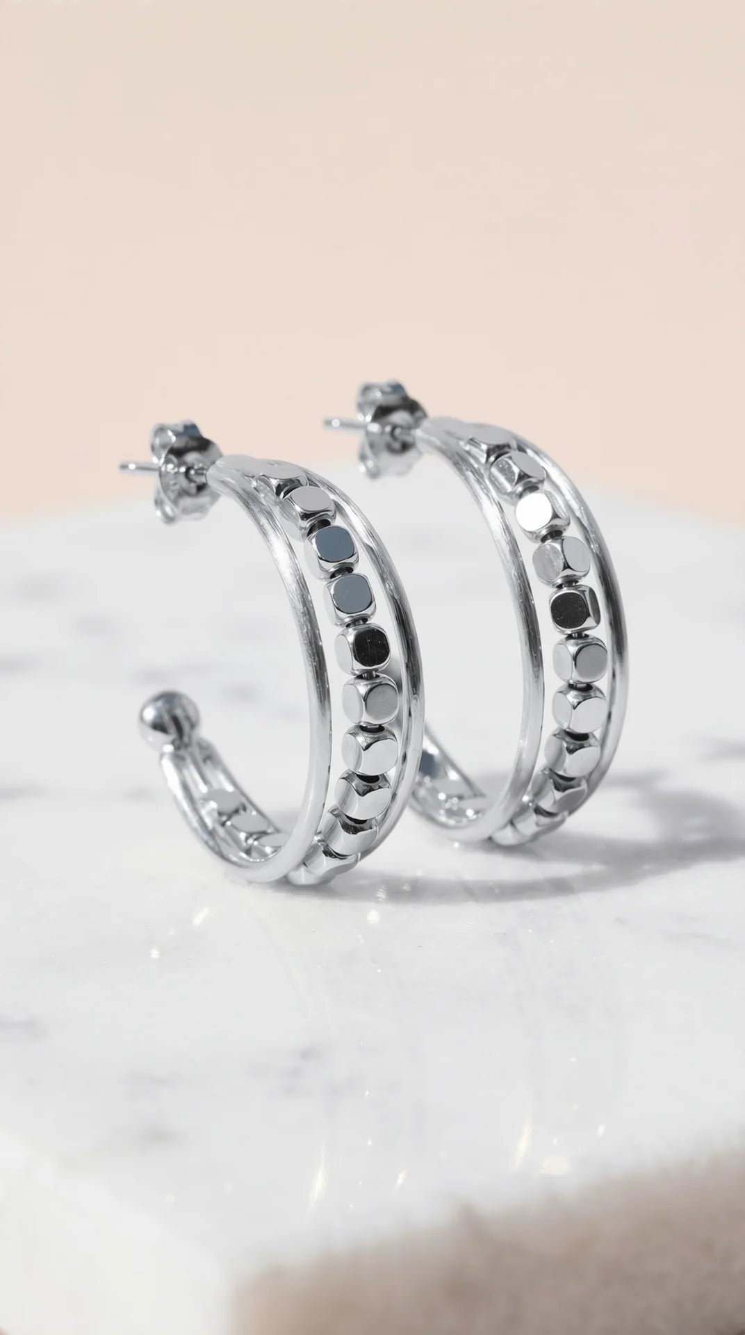 Metallic Beaded Cube Huggie Hoop Earrings