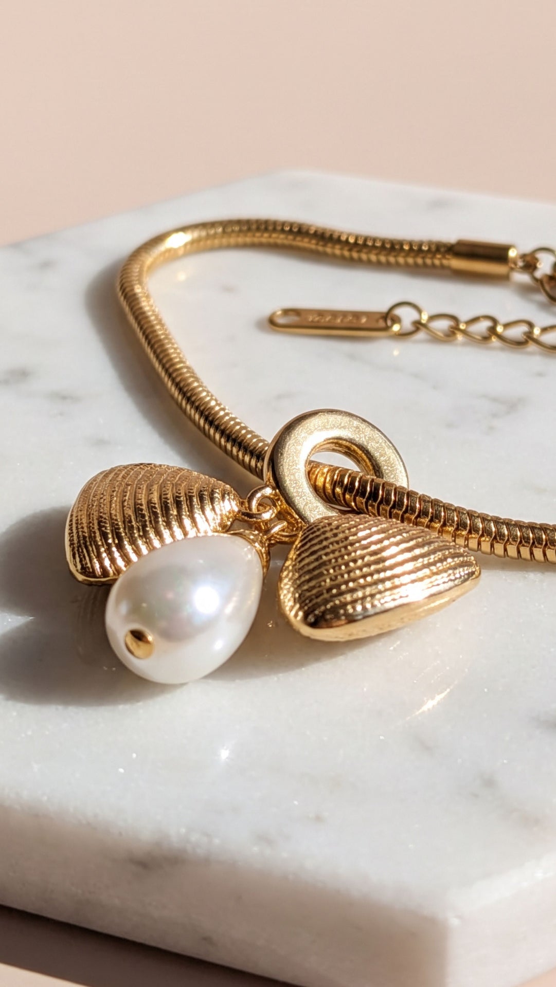 Seashell & Pearl Gold Plated Charm Bracelet