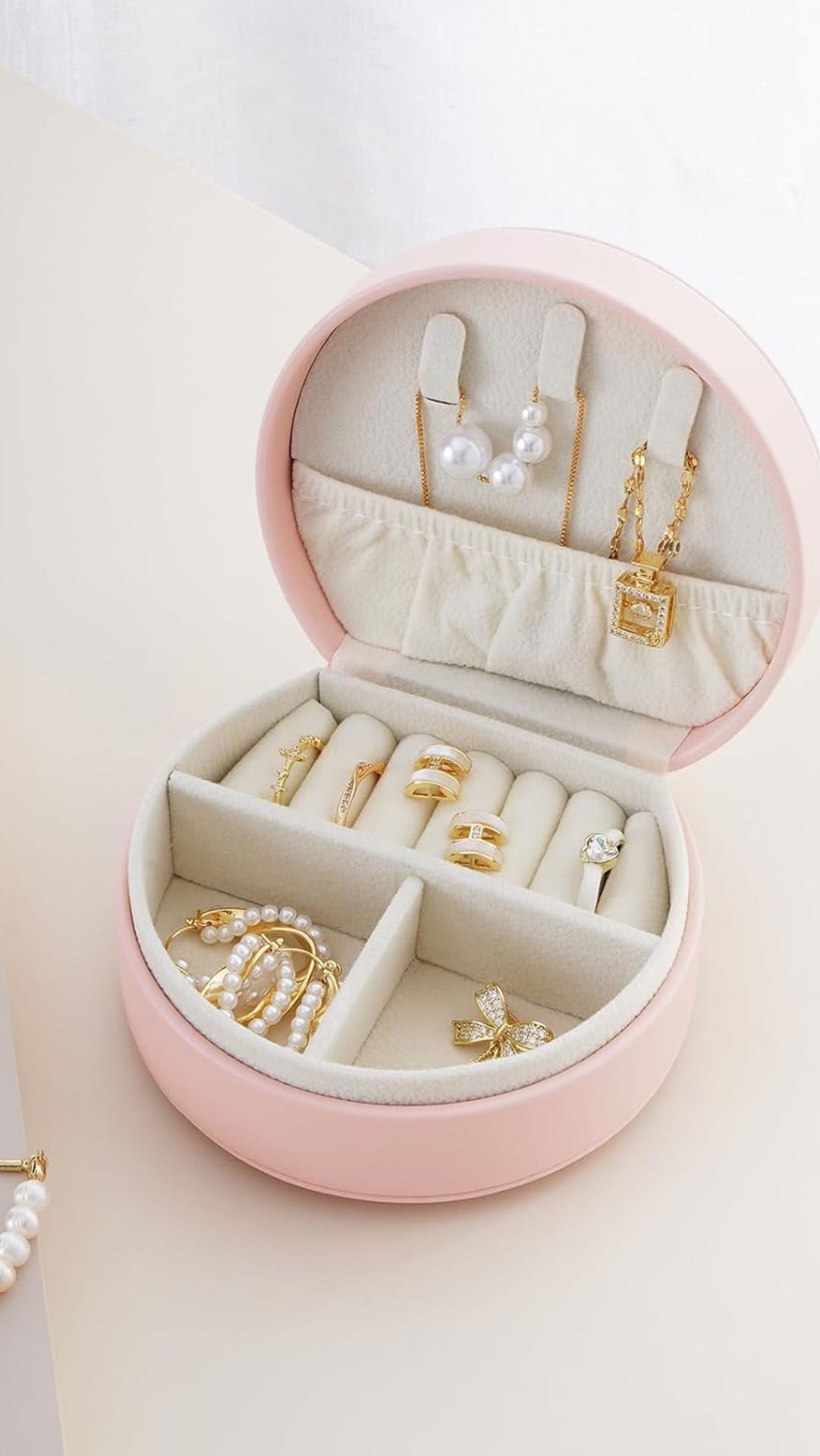 Mini Circular Travel Jewellery Case Compact Jewellery Storage Box