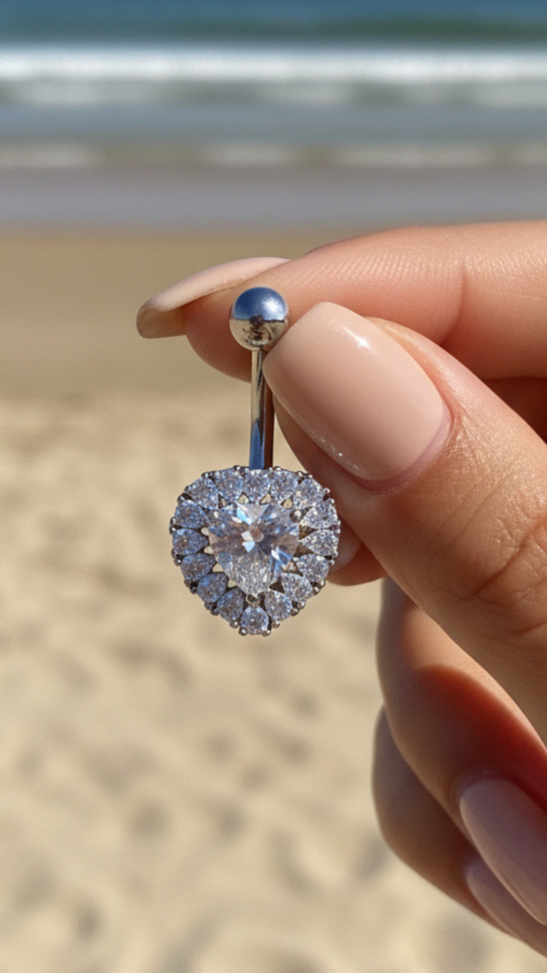 Gold Plated Heart Shape Stainless Steel Crystal Belly Bar