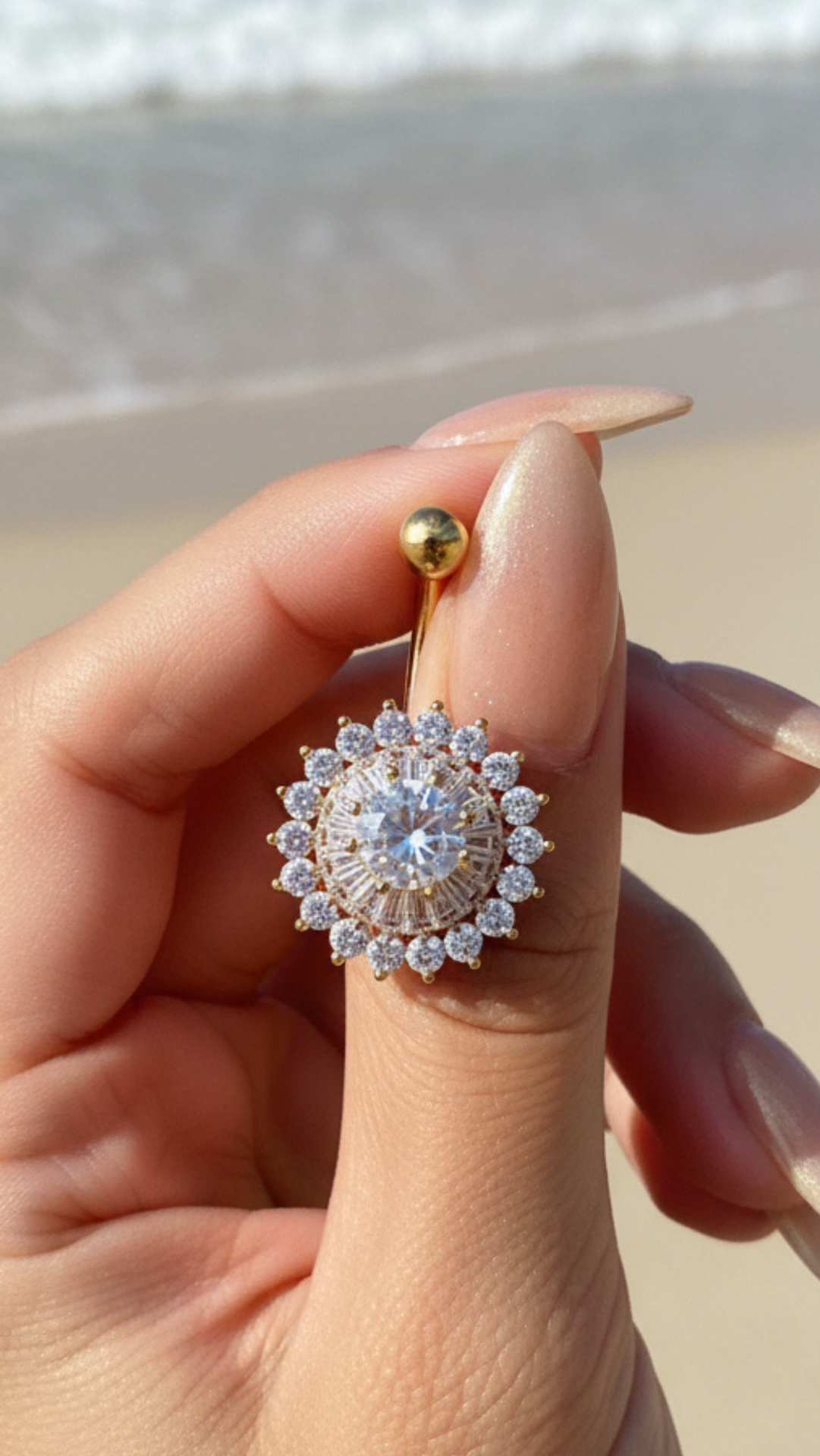 Gold Plated Layered Sunburst Statement Stainless Steel Crystal Belly Bar