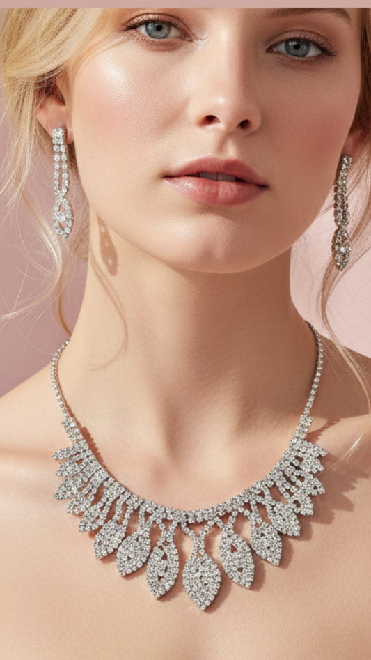 Teardrop Fringed Crystal Statement Necklace & Earrings Set