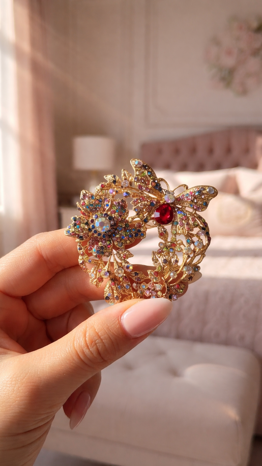 Rose Gold Crystal Floral Butterfly Wreath Brooch Pin