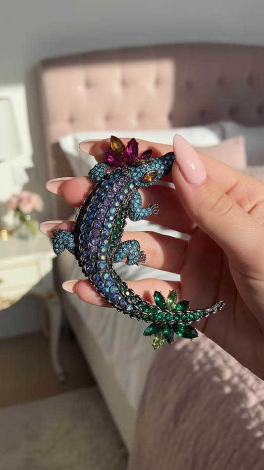 Crystal Tropical Crocodile Statement Rhinestone Brooch Pin