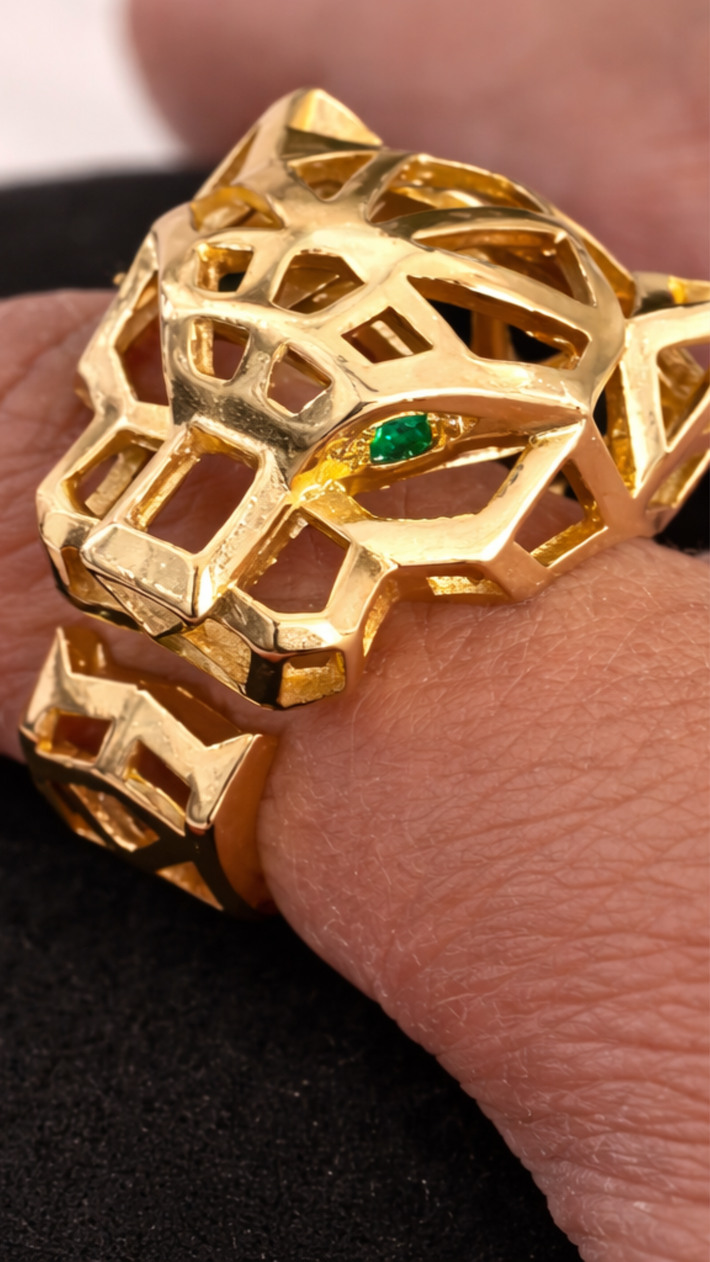 Gold Plated Stainless Steel Green Eyed Animal Panther Statement Ring