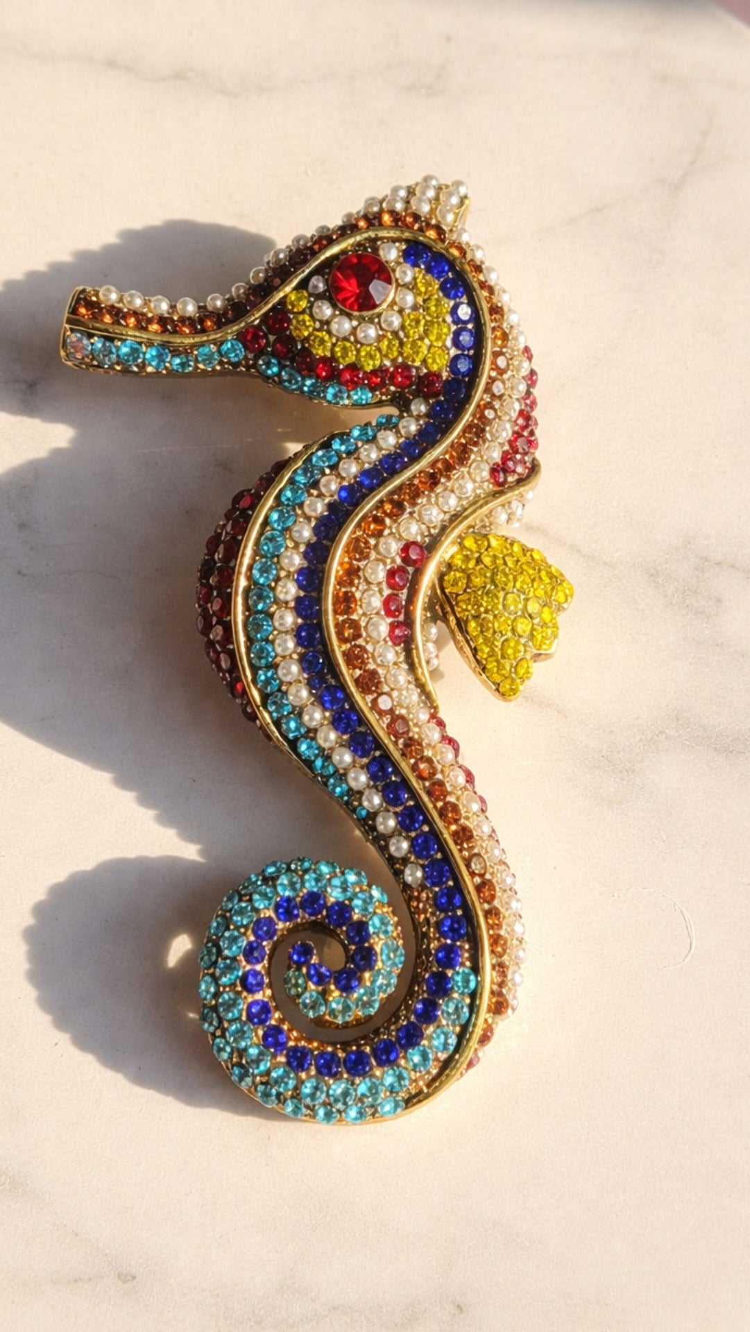 Gold Seahorse Multicolor Crystal Statement Brooch Pin