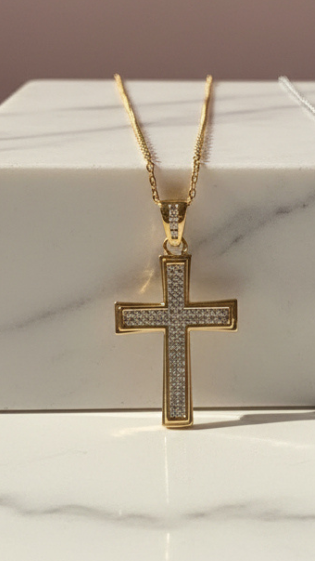 Waterproof Stainless Steel Oblong Crystal Cross Necklace