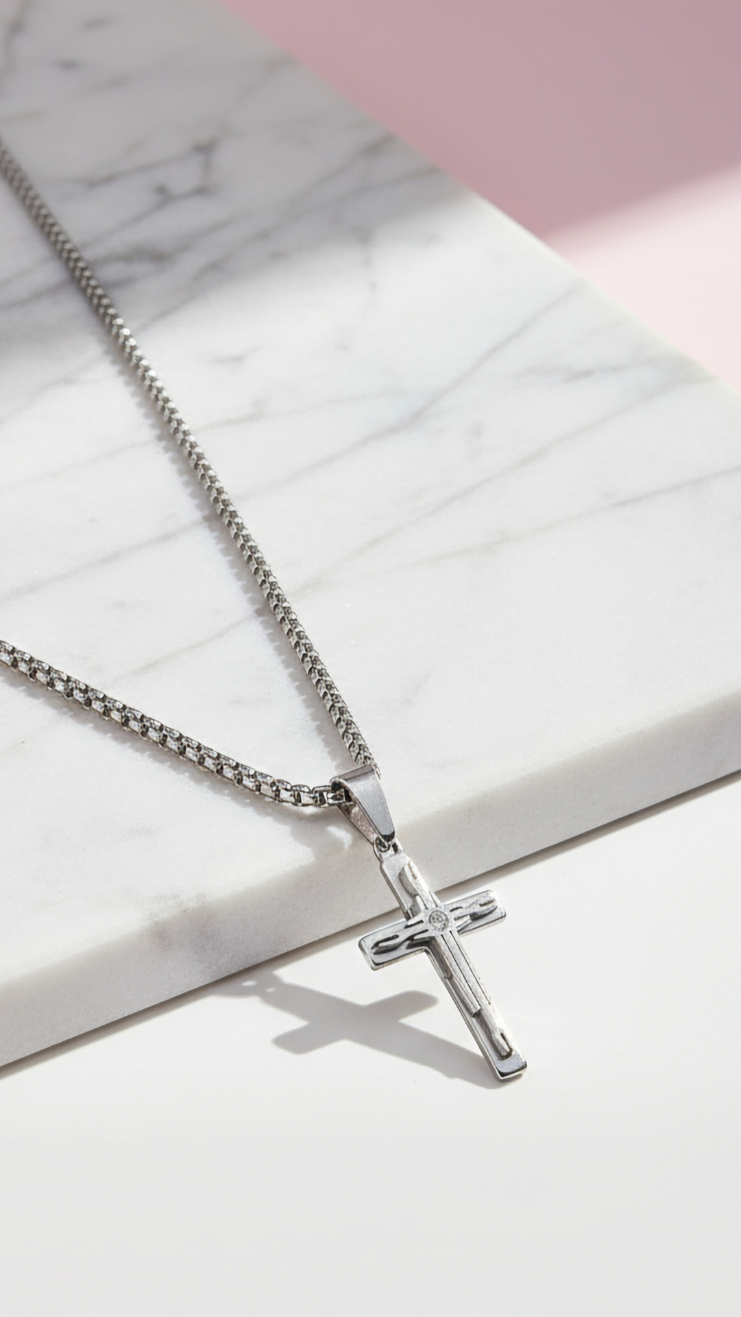 Stainless Steel Silver Stone Inlaid Cross Pendant Necklace