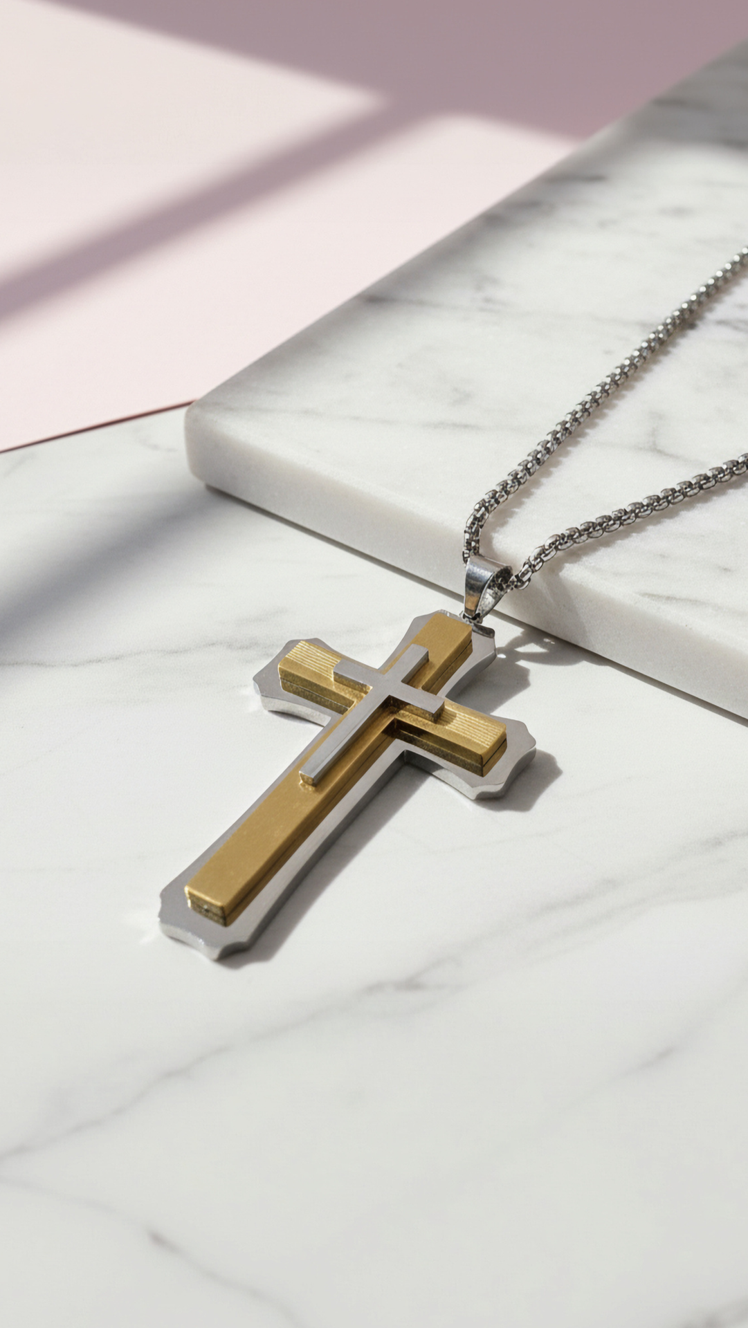 Waterproof OversizedTwo Tone Stainless Steel Cross Necklace
