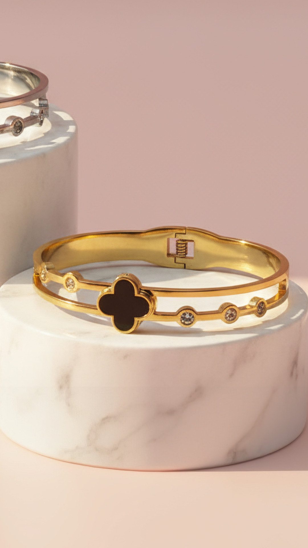 Waterproof Stainless Steel Black Clover & Crystal Stacking Bangle