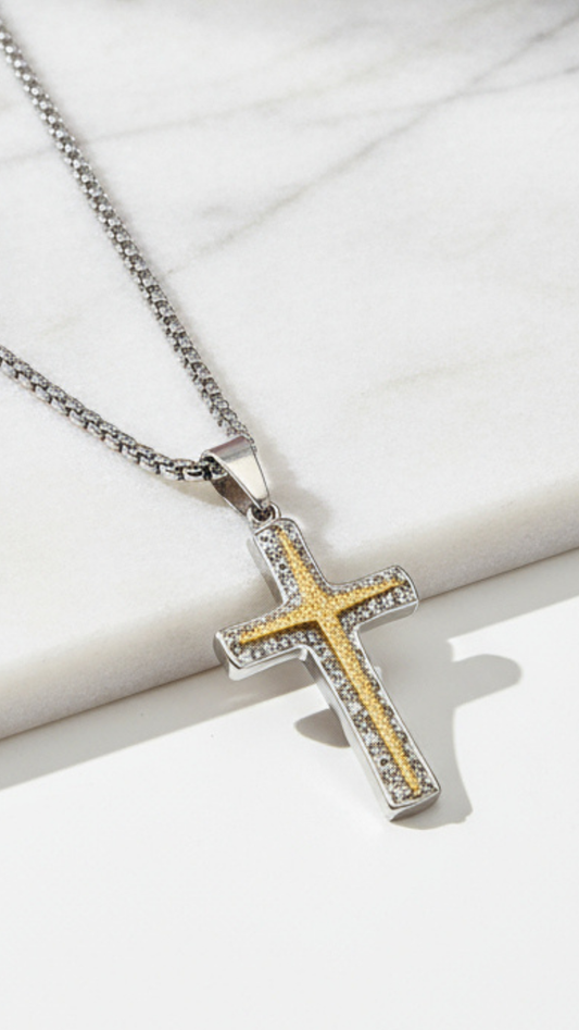 Waterproof Textured Two Tone Stainless Steel Cross Necklace