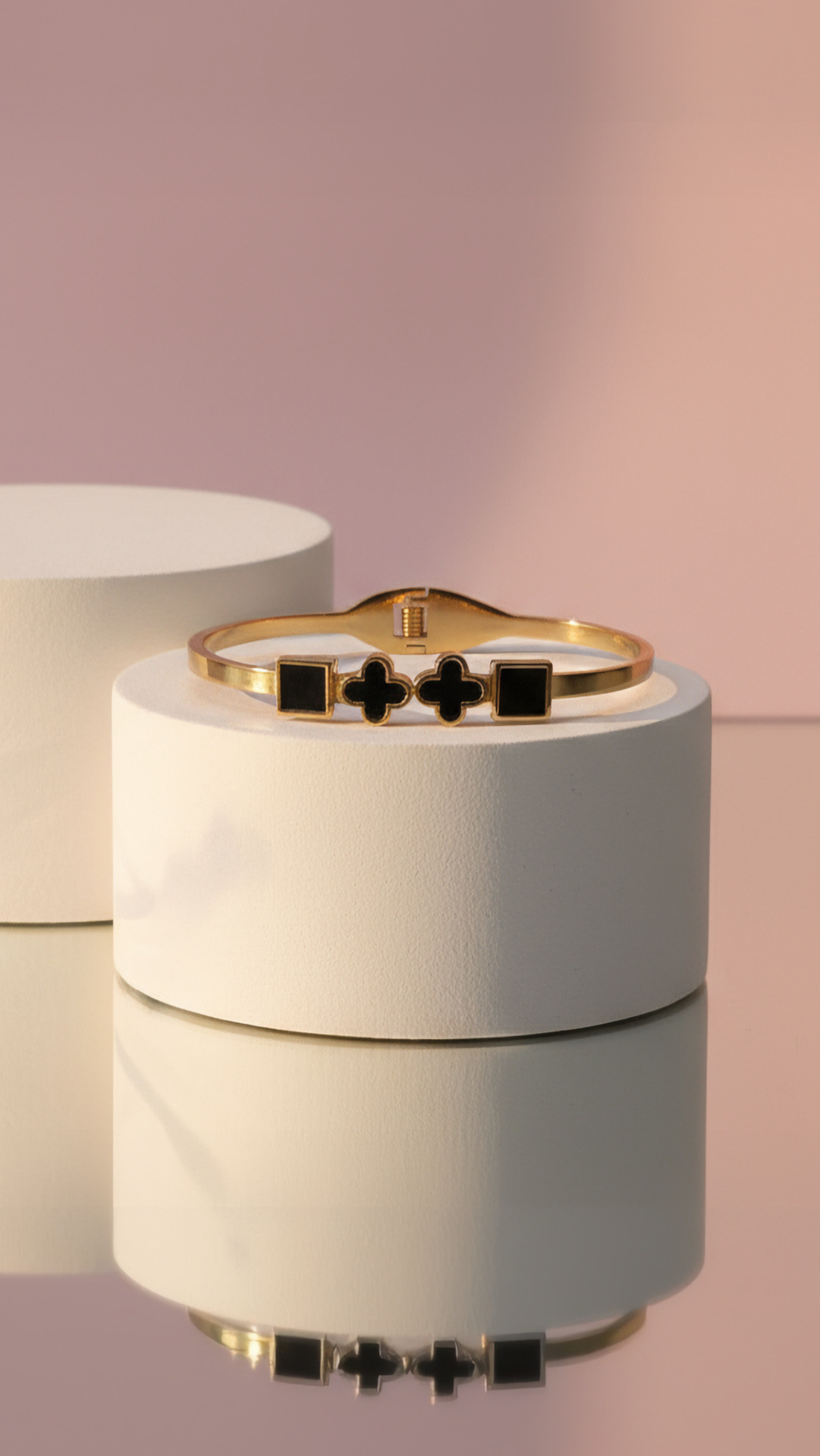 Waterproof Stainless Steel Black Clover & Squares Stacking Bangle