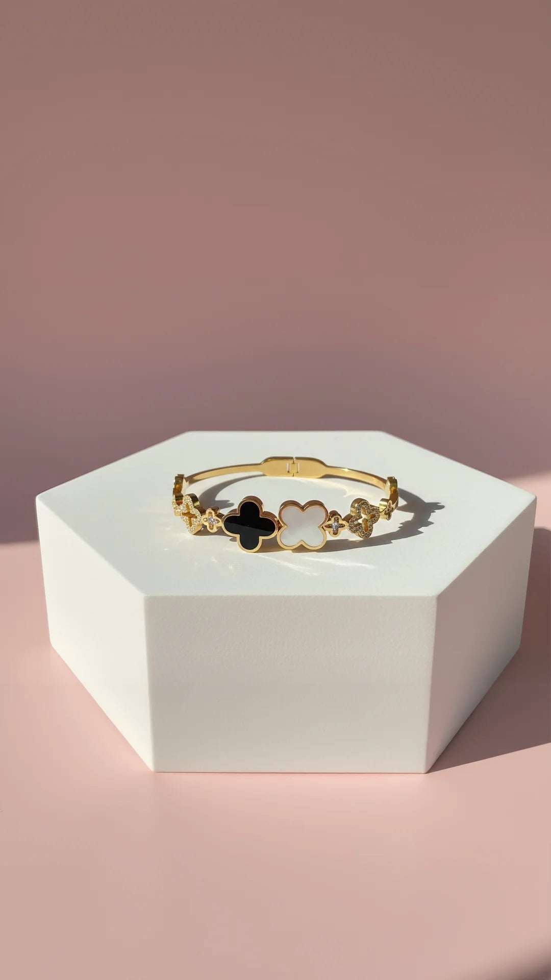 Waterproof Stainless Steel Black Clover Crystal Stacking Bangle
