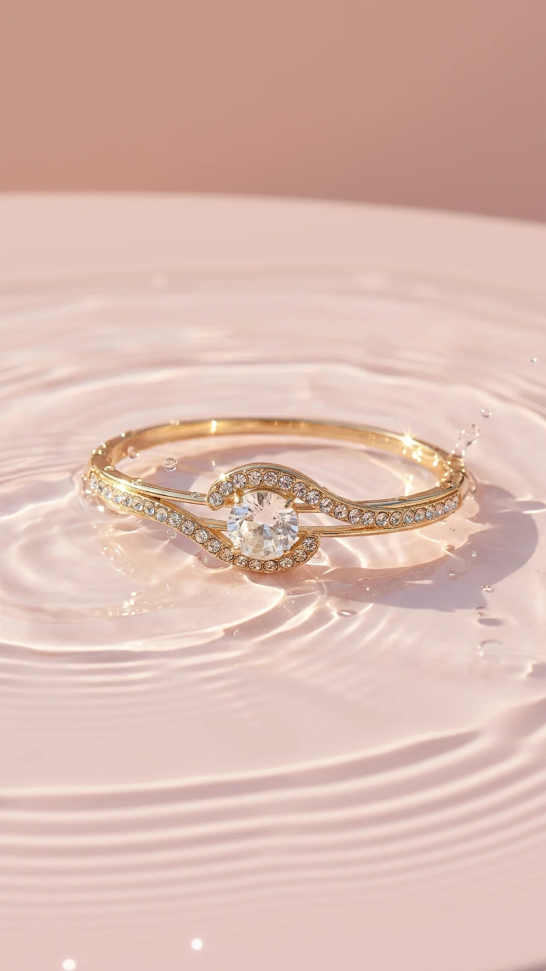 Round Solitaire Pave Crystal Waterproof Inlaid Stainless Steel Gold Plated Hinged Bangle